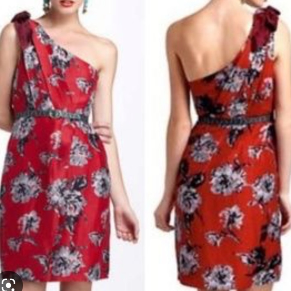 Va Et Vien For BHLDN Red Black Floral Silk Linen One Shoulder Womens Dress NWT 4